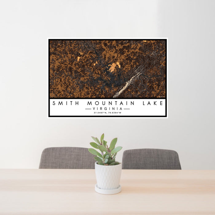 24x36 Smith Mountain Lake Virginia Map Print Lanscape Orientation in Ember Style Behind 2 Chairs Table and Potted Plant