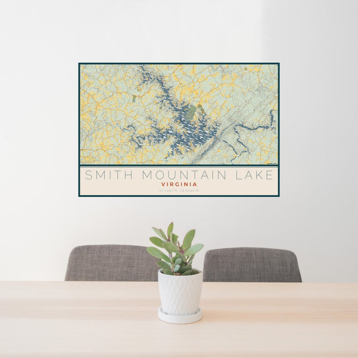 24x36 Smith Mountain Lake Virginia Map Print Lanscape Orientation in Woodblock Style Behind 2 Chairs Table and Potted Plant