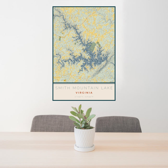 24x36 Smith Mountain Lake Virginia Map Print Portrait Orientation in Woodblock Style Behind 2 Chairs Table and Potted Plant