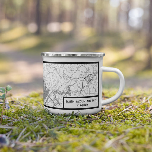 Right View Custom Smith Mountain Lake Virginia Map Enamel Mug in Classic on Grass With Trees in Background