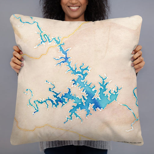 Person holding 22x22 Custom Smith Mountain Lake Virginia Map Throw Pillow in Watercolor