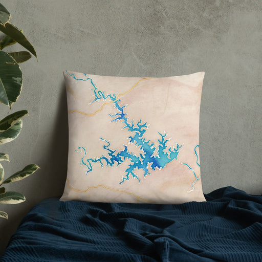 Custom Smith Mountain Lake Virginia Map Throw Pillow in Watercolor on Bedding Against Wall