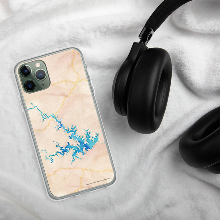 Custom Smith Mountain Lake Virginia Map Phone Case in Watercolor on Table with Black Headphones
