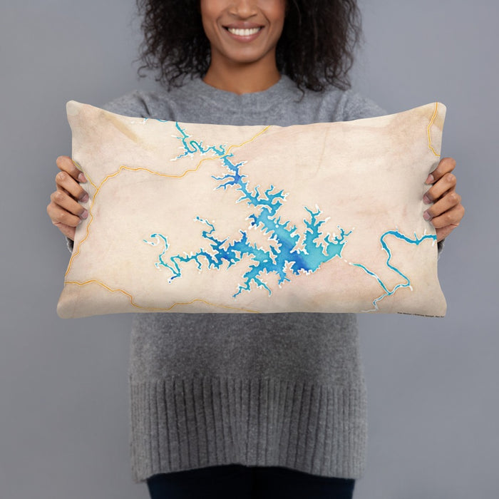 Person holding 20x12 Custom Smith Mountain Lake Virginia Map Throw Pillow in Watercolor