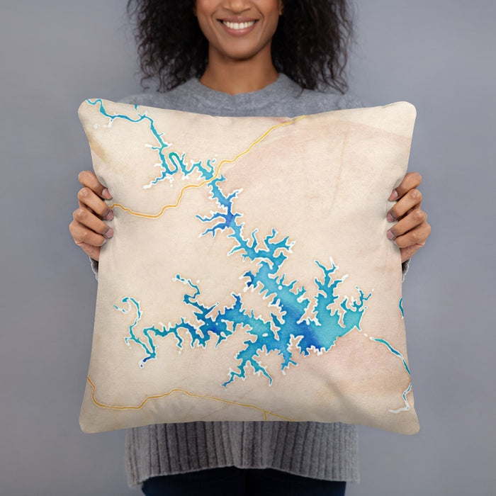Person holding 18x18 Custom Smith Mountain Lake Virginia Map Throw Pillow in Watercolor