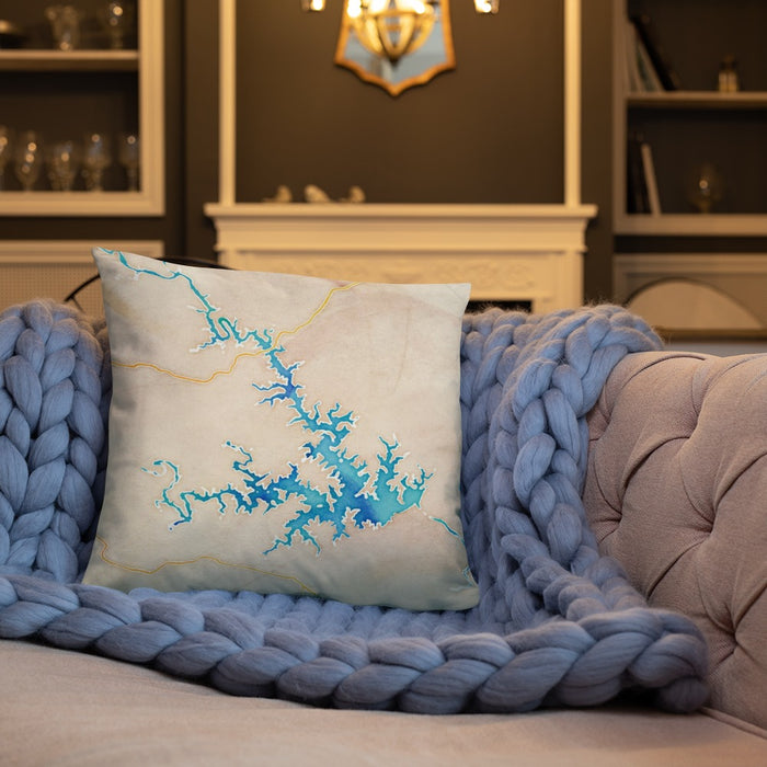 Custom Smith Mountain Lake Virginia Map Throw Pillow in Watercolor on Cream Colored Couch