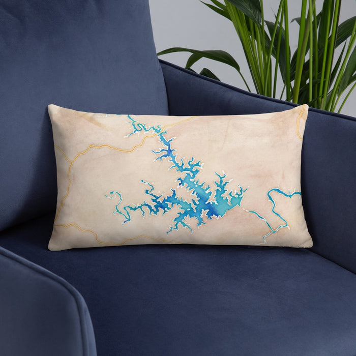 Custom Smith Mountain Lake Virginia Map Throw Pillow in Watercolor on Blue Colored Chair