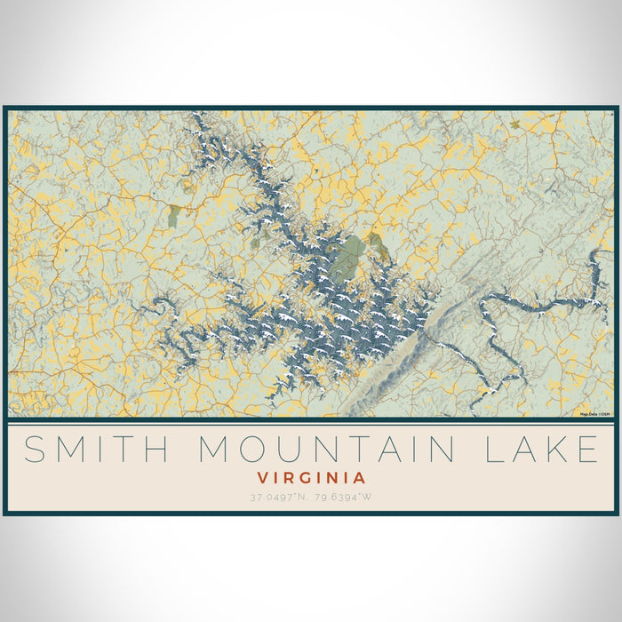 Smith Mountain Lake Virginia Map Print Landscape Orientation in Woodblock Style With Shaded Background