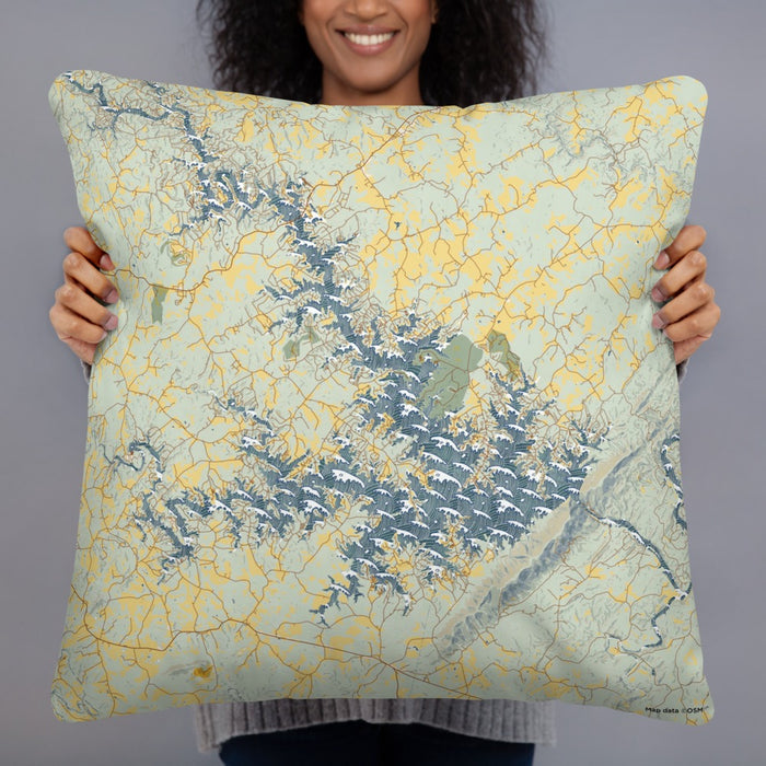 Person holding 22x22 Custom Smith Mountain Lake Virginia Map Throw Pillow in Woodblock