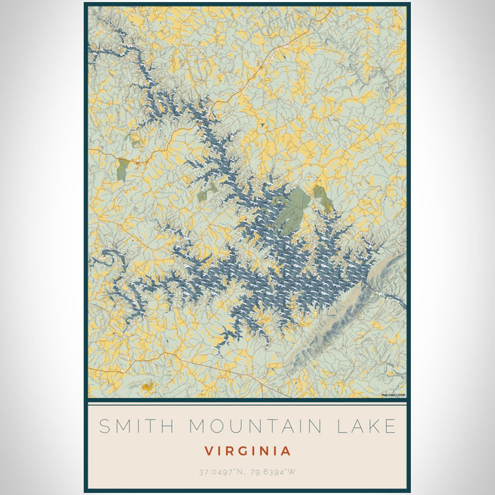 Smith Mountain Lake Virginia Map Print Portrait Orientation in Woodblock Style With Shaded Background