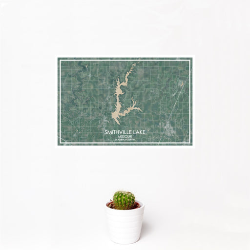 12x18 Smithville Lake Missouri Map Print Landscape Orientation in Afternoon Style With Small Cactus Plant in White Planter