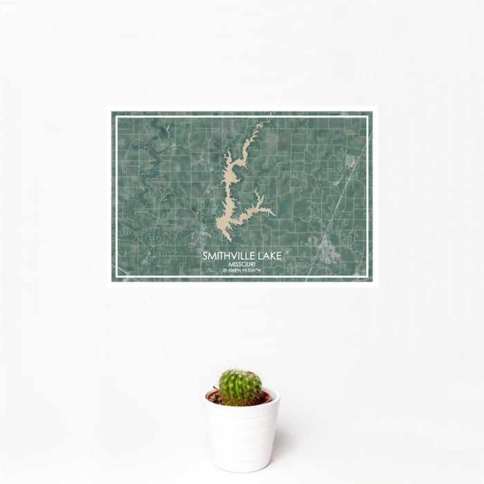 12x18 Smithville Lake Missouri Map Print Landscape Orientation in Afternoon Style With Small Cactus Plant in White Planter