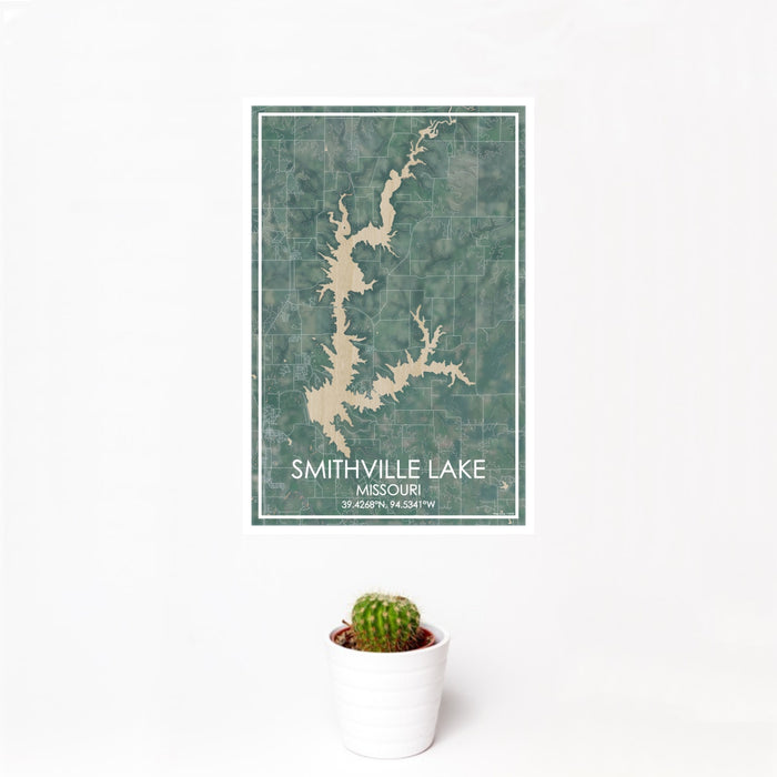 12x18 Smithville Lake Missouri Map Print Portrait Orientation in Afternoon Style With Small Cactus Plant in White Planter
