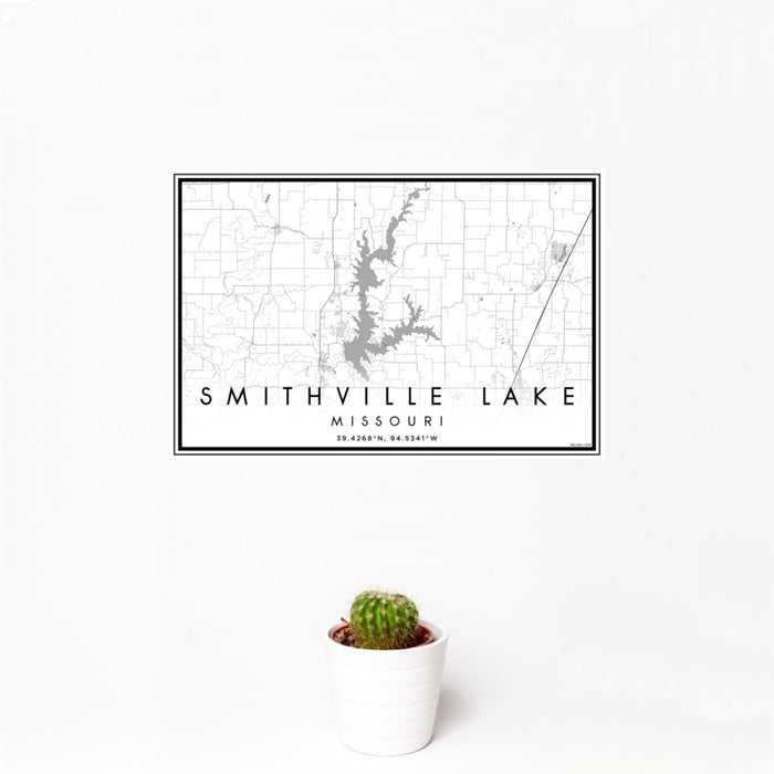 12x18 Smithville Lake Missouri Map Print Landscape Orientation in Classic Style With Small Cactus Plant in White Planter