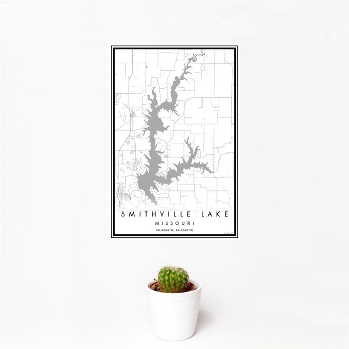 12x18 Smithville Lake Missouri Map Print Portrait Orientation in Classic Style With Small Cactus Plant in White Planter