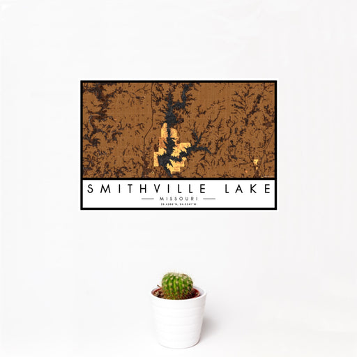 12x18 Smithville Lake Missouri Map Print Landscape Orientation in Ember Style With Small Cactus Plant in White Planter