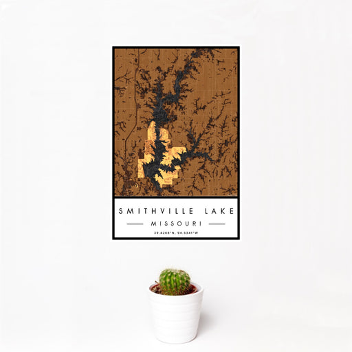 12x18 Smithville Lake Missouri Map Print Portrait Orientation in Ember Style With Small Cactus Plant in White Planter