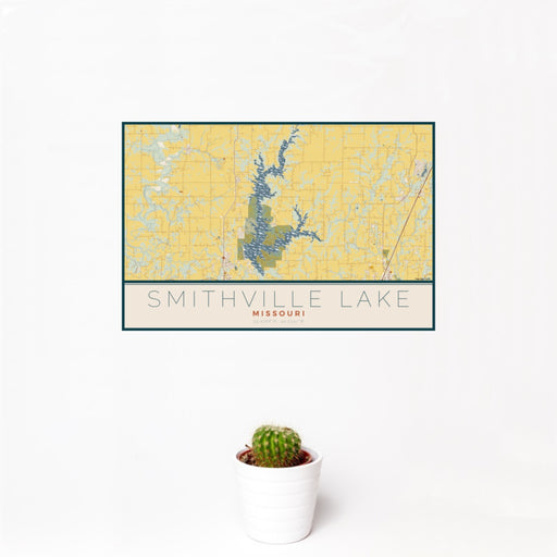 12x18 Smithville Lake Missouri Map Print Landscape Orientation in Woodblock Style With Small Cactus Plant in White Planter