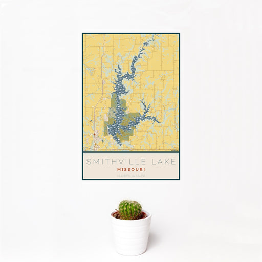 12x18 Smithville Lake Missouri Map Print Portrait Orientation in Woodblock Style With Small Cactus Plant in White Planter