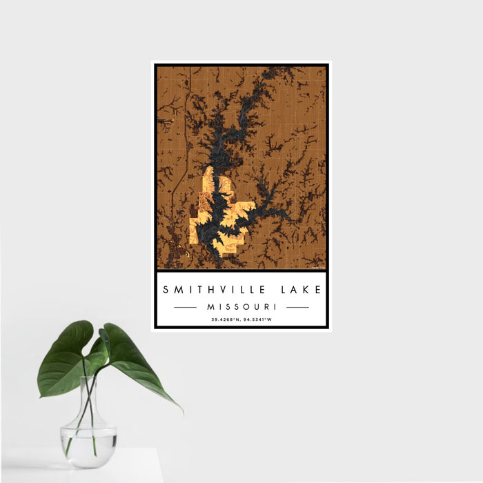 16x24 Smithville Lake Missouri Map Print Portrait Orientation in Ember Style With Tropical Plant Leaves in Water