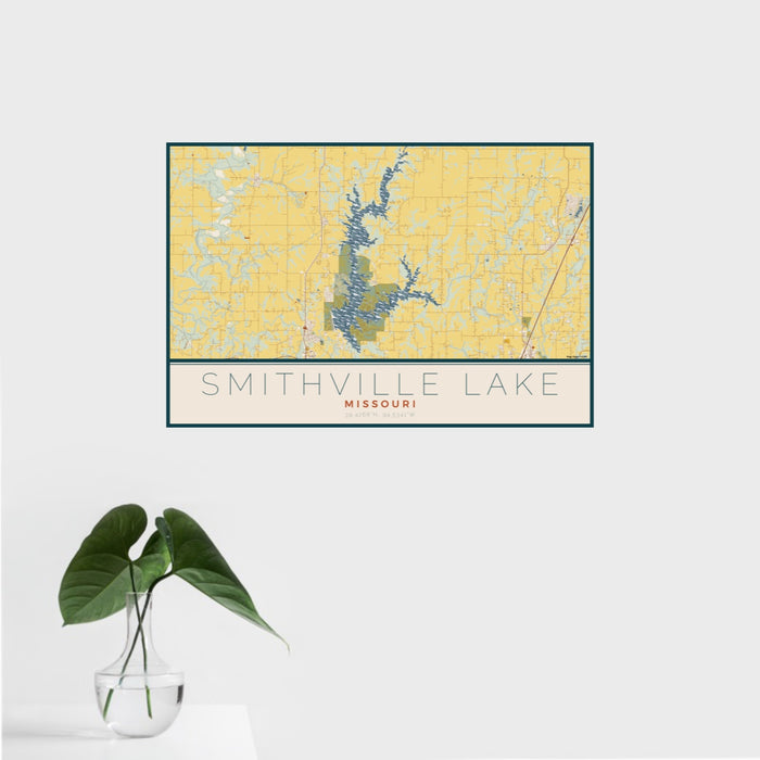 16x24 Smithville Lake Missouri Map Print Landscape Orientation in Woodblock Style With Tropical Plant Leaves in Water