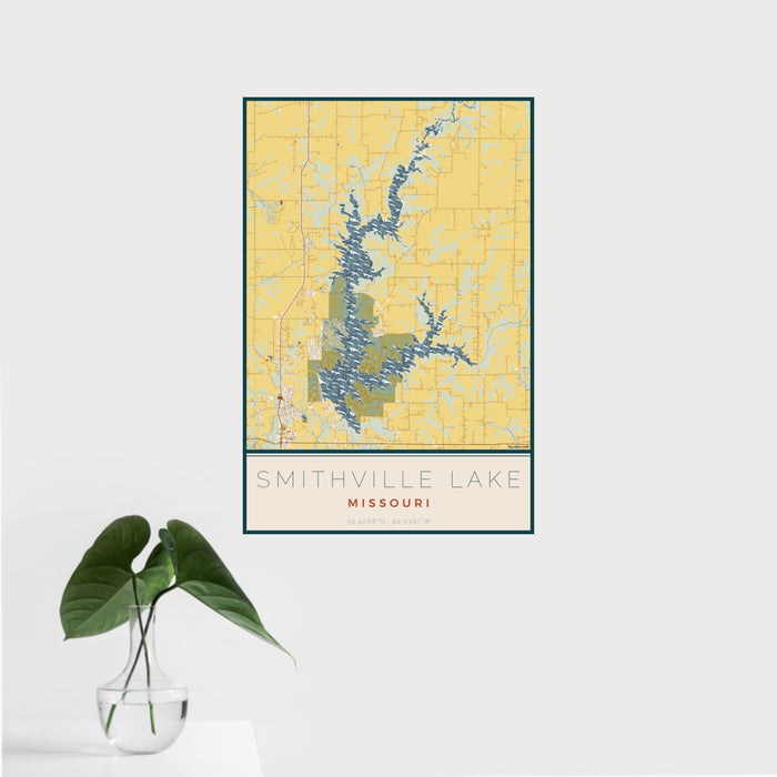 16x24 Smithville Lake Missouri Map Print Portrait Orientation in Woodblock Style With Tropical Plant Leaves in Water