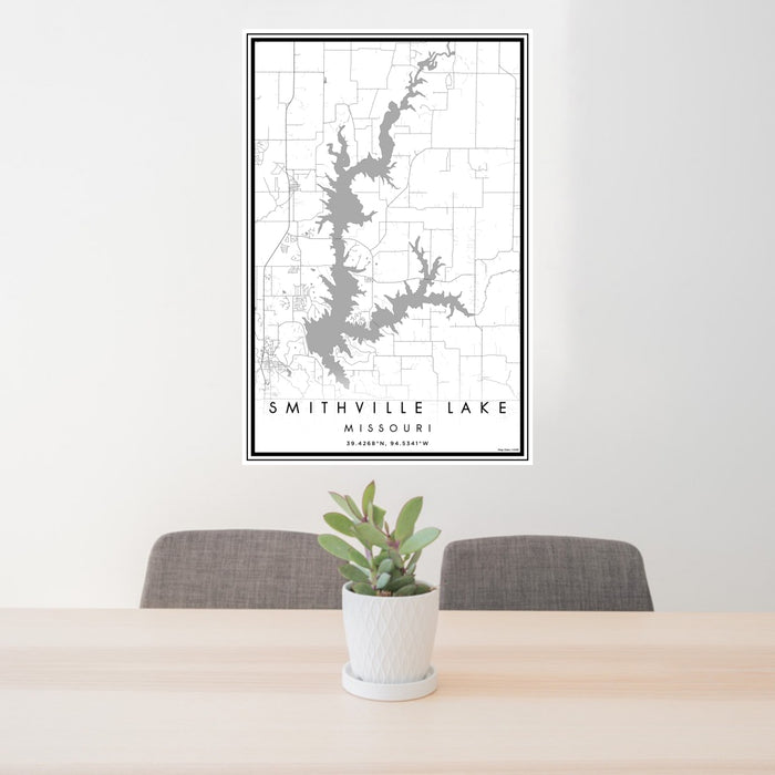 24x36 Smithville Lake Missouri Map Print Portrait Orientation in Classic Style Behind 2 Chairs Table and Potted Plant