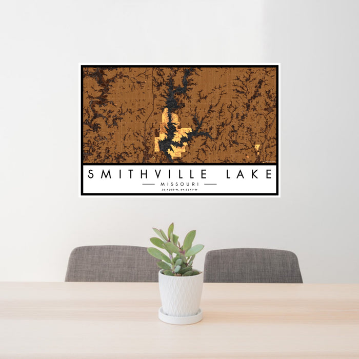 24x36 Smithville Lake Missouri Map Print Lanscape Orientation in Ember Style Behind 2 Chairs Table and Potted Plant