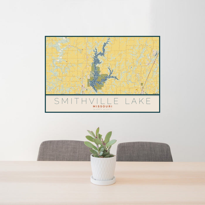 24x36 Smithville Lake Missouri Map Print Lanscape Orientation in Woodblock Style Behind 2 Chairs Table and Potted Plant
