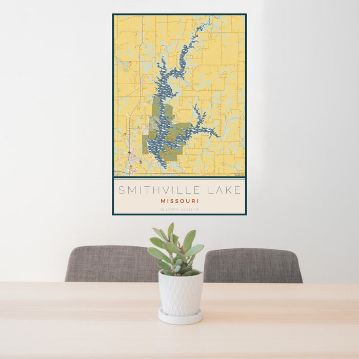 24x36 Smithville Lake Missouri Map Print Portrait Orientation in Woodblock Style Behind 2 Chairs Table and Potted Plant