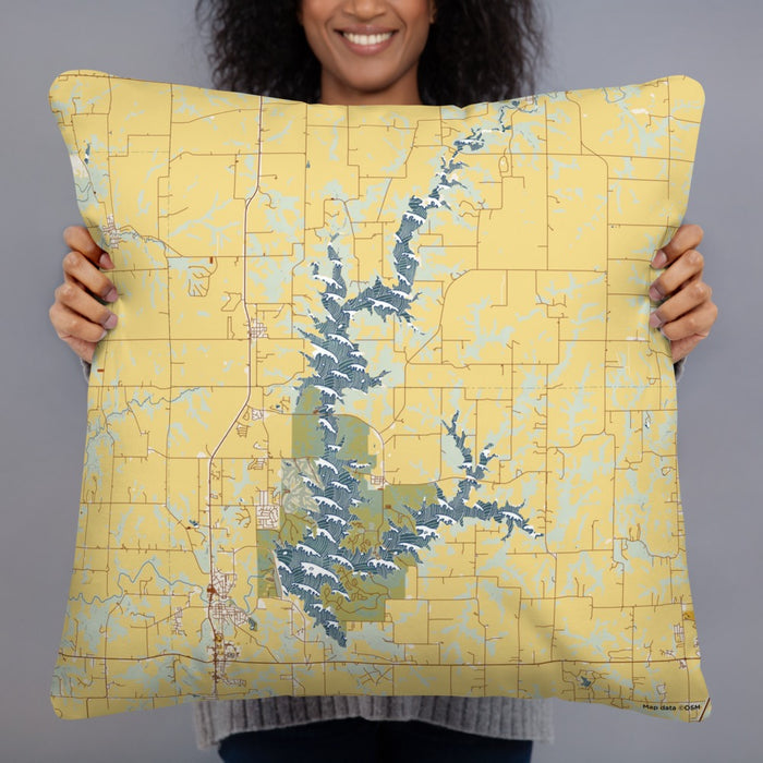 Person holding 22x22 Custom Smithville Lake Missouri Map Throw Pillow in Woodblock