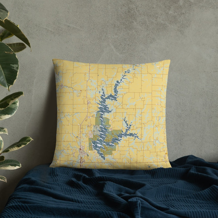 Custom Smithville Lake Missouri Map Throw Pillow in Woodblock on Bedding Against Wall