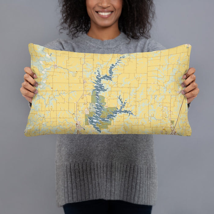 Person holding 20x12 Custom Smithville Lake Missouri Map Throw Pillow in Woodblock