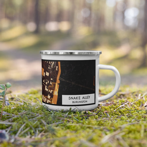 Right View Custom Snake Alley Burlington Map Enamel Mug in Ember on Grass With Trees in Background