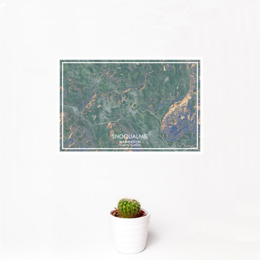 12x18 Snoqualmie Washington Map Print Landscape Orientation in Afternoon Style With Small Cactus Plant in White Planter