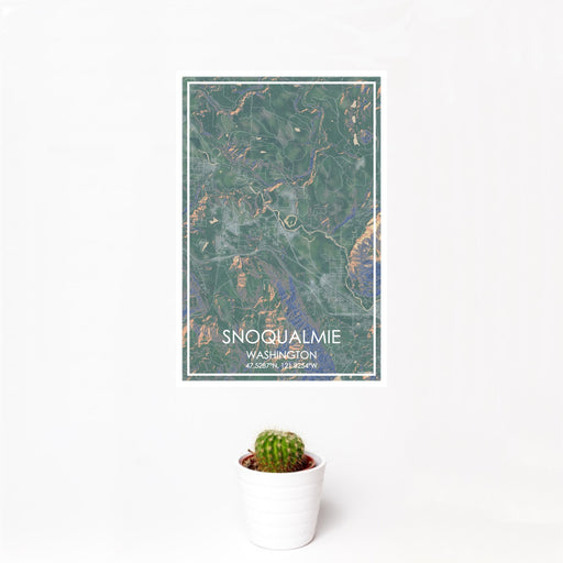 12x18 Snoqualmie Washington Map Print Portrait Orientation in Afternoon Style With Small Cactus Plant in White Planter