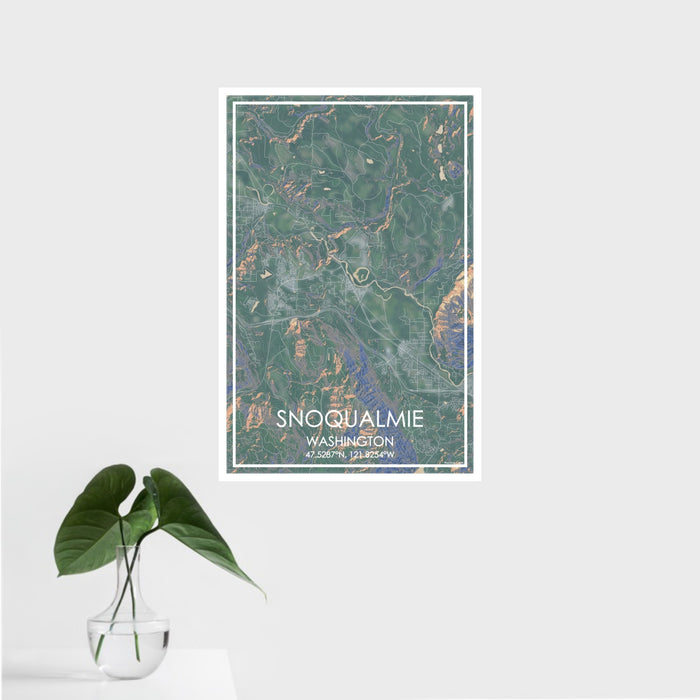 16x24 Snoqualmie Washington Map Print Portrait Orientation in Afternoon Style With Tropical Plant Leaves in Water