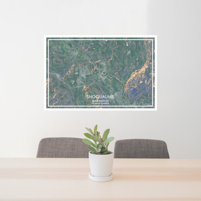 24x36 Snoqualmie Washington Map Print Lanscape Orientation in Afternoon Style Behind 2 Chairs Table and Potted Plant