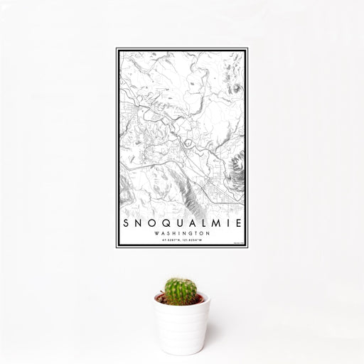 12x18 Snoqualmie Washington Map Print Portrait Orientation in Classic Style With Small Cactus Plant in White Planter
