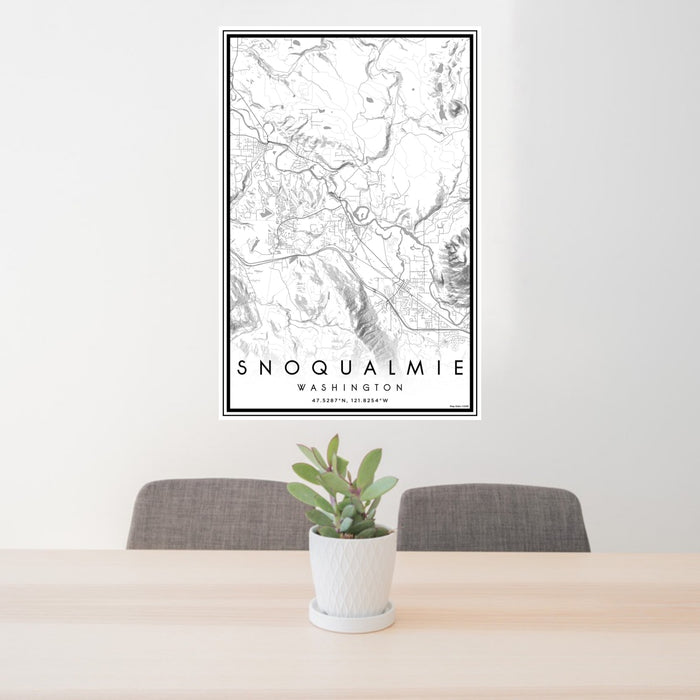 24x36 Snoqualmie Washington Map Print Portrait Orientation in Classic Style Behind 2 Chairs Table and Potted Plant