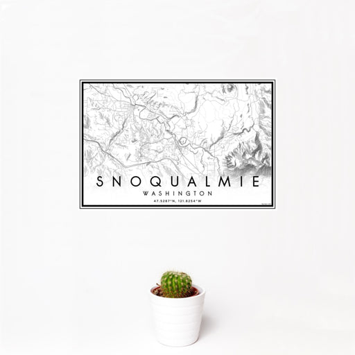 12x18 Snoqualmie Washington Map Print Landscape Orientation in Classic Style With Small Cactus Plant in White Planter