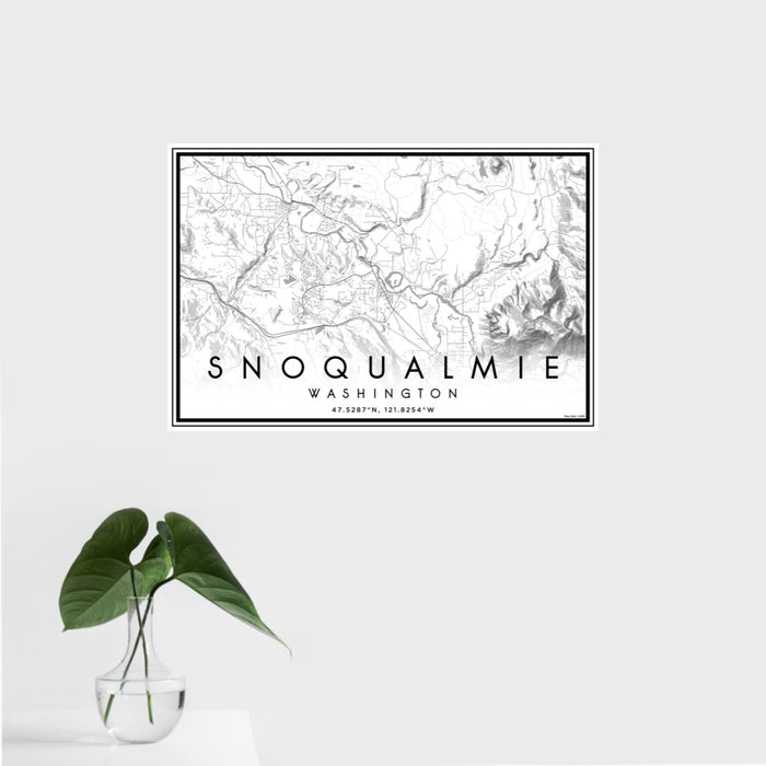 16x24 Snoqualmie Washington Map Print Landscape Orientation in Classic Style With Tropical Plant Leaves in Water
