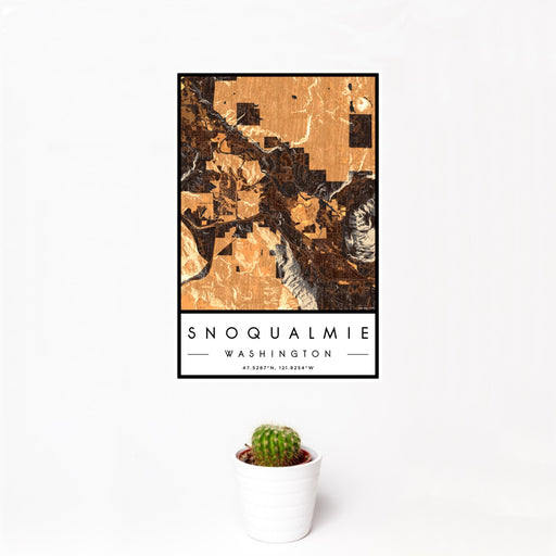12x18 Snoqualmie Washington Map Print Portrait Orientation in Ember Style With Small Cactus Plant in White Planter