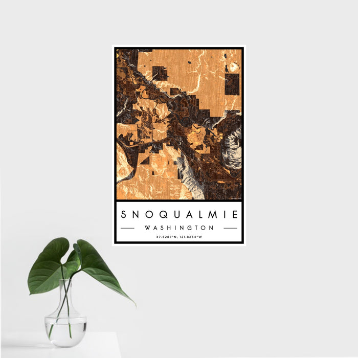 16x24 Snoqualmie Washington Map Print Portrait Orientation in Ember Style With Tropical Plant Leaves in Water