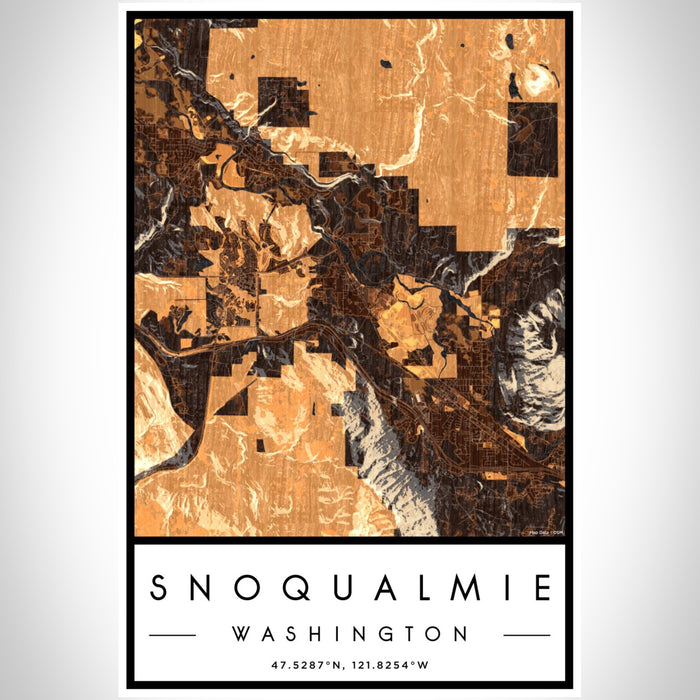 Snoqualmie Washington Map Print Portrait Orientation in Ember Style With Shaded Background