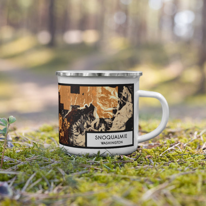 Right View Custom Snoqualmie Washington Map Enamel Mug in Ember on Grass With Trees in Background