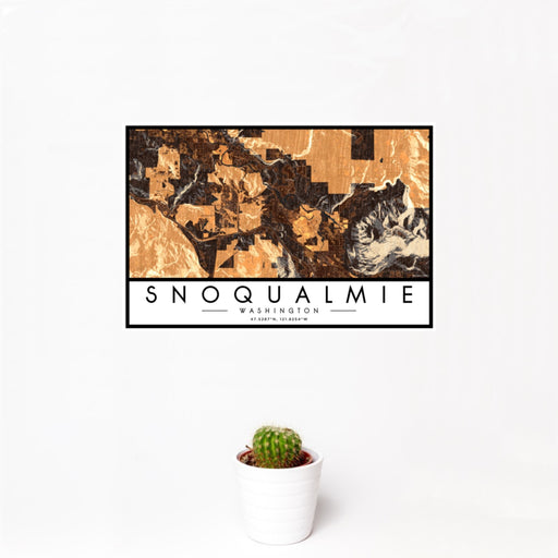 12x18 Snoqualmie Washington Map Print Landscape Orientation in Ember Style With Small Cactus Plant in White Planter