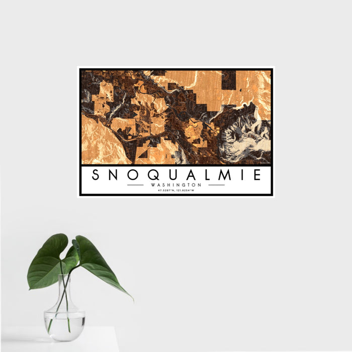 16x24 Snoqualmie Washington Map Print Landscape Orientation in Ember Style With Tropical Plant Leaves in Water