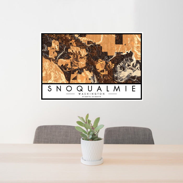 24x36 Snoqualmie Washington Map Print Landscape Orientation in Ember Style Behind 2 Chairs Table and Potted Plant