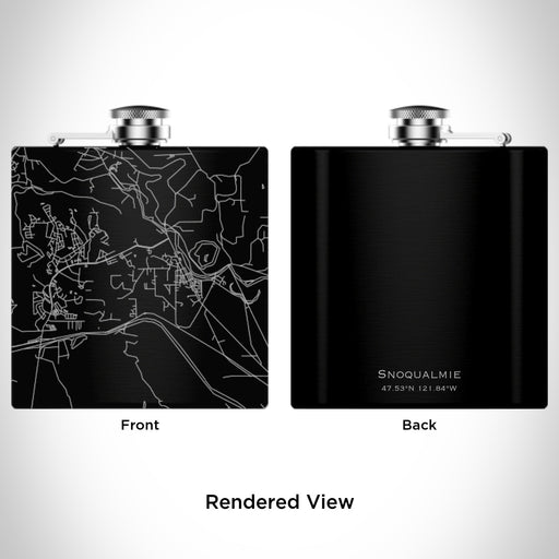 Rendered View of Snoqualmie Washington Map Engraving on 6oz Stainless Steel Flask in Black